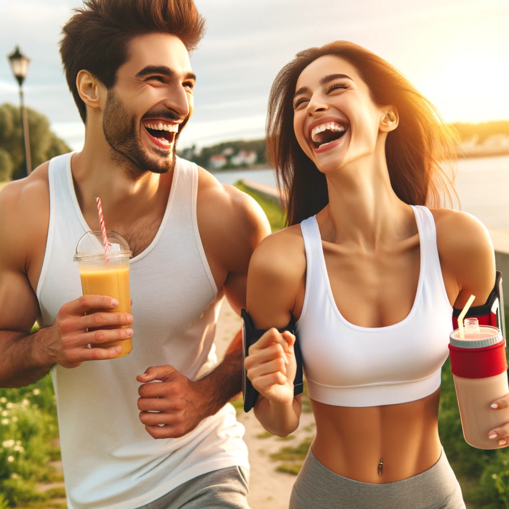 DALL·E 2024 02 09 15.32.32 Create an image that depicts a man and a woman enjoying their high energy healthy lifestyle. They should be outdoors possibly in a park or by the be